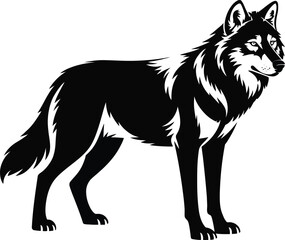 Detailed black wolf illustration with textured fur on transparent background silhouette
