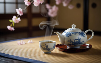 Japanese tea ceremony with steaming tea in a porcelain teapot and cup served on a tatami mat with cherry blossoms in the background