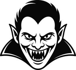 Intense vampire face illustration with sharp fangs on transparent background silhouette