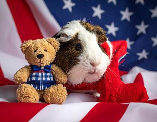 Guinea pig with teddy bear on American flag