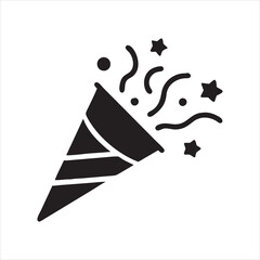  Black silhouette of a party popper exploding with confetti and stars.
