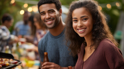 Smiling people at community barbecue gathering neighborhood event outdoor cooking community bonding social gathering suburban party friendly atmosphere community connection