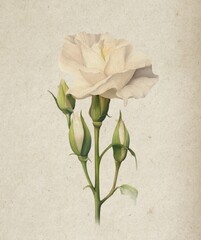 Botanical drawing of Lisianthus with delicate white flowers and green buds on a soft beige paper background. Great for floral prints, botanical decor, and wedding-themed designs.