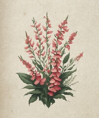 Botanical artwork of the Madam Butterfly Snapdragon with elegant pink blooms and lush green leaves on a textured beige background. Ideal for floral prints, botanical wall art, and design projects.