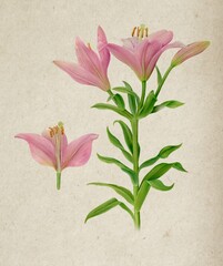 Botanical drawing of a pink lily flower with a close-up petal detail and green stem on a natural paper texture. Ideal for floral posters, botanical prints, and decorative art.