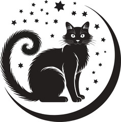 Elegant black cat with crescent moon and stars on transparent background silhouette