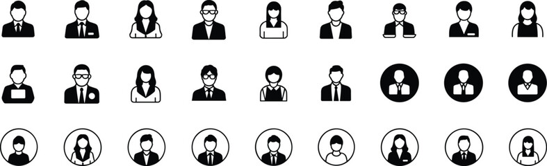Black and white professional avatar icons – diverse business male and female user profile silhouettes and circular frame vector set