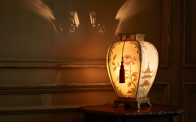 Vintage table lamp with floral and pagoda design illuminated in a dimly lit room creating a warm and inviting atmosphere