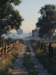 narrow road lined with rustic wooden fences leading towards a misty farmstead in the early morning light