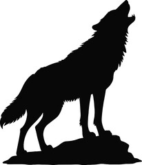 Black wolf howling at the moon dramatic animal illustration on transparent background silhouette