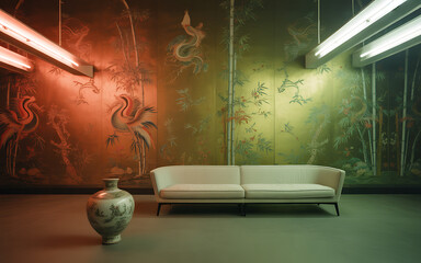 Modern living room interior with a white sofa featuring vintage wallpaper with bird and floral motifs illuminated by fluorescent lights