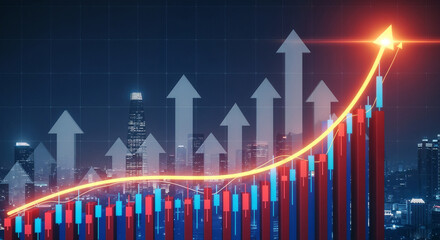 Financial Growth Chart with Exponential Curve and Up Arrows Over City Skyline
