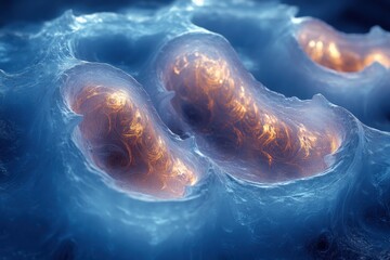 Close-up of a cell with red and yellow substance.