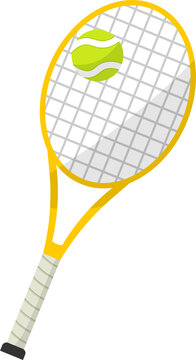 Flat illustration of a yellow tennis racket with tennis ball, minimal design, clean background, sports equipment vector, modern flat style