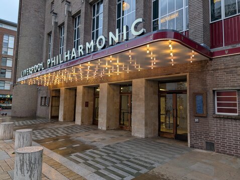 Liverpool, Merseyside, UK. 10 04 2025 The front of the Liverpool Philharmonic Hall an iconic concert venue in the heart of the city.