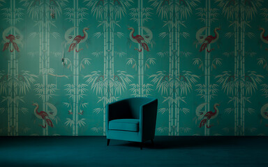 Stylish teal armchair in a room with patterned wallpaper elegant interior design creating a moody and artistic atmosphere