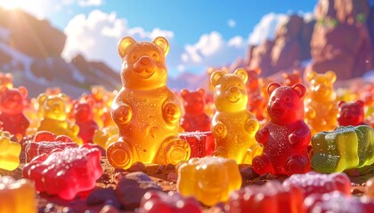 Gummy bears on a desert landscape