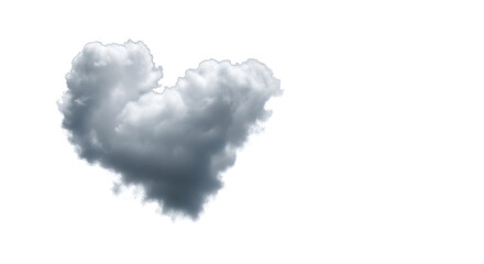 A fluffy white and gray cloud shaped like a heart floating against a clean white background with copy space