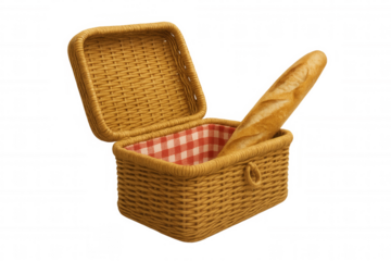 Wicker picnic basket with a red and white gingham lining and a delicious baguette, presented against a clear background