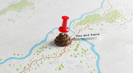 Humorous Concept of Bad Location or Misfortune: Pushpin on Poop Emoji on a Map
