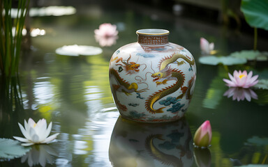 Ornate Chinese vase with dragon design sitting in a tranquil pond with water lilies creating a serene and cultural scene