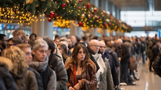 Wide shot of a long, snaking line of stressed holiday travelers at an airport check-in counter, while festive Christmas decorations glow unnoticed in the background, highlighting travel chaos and seas