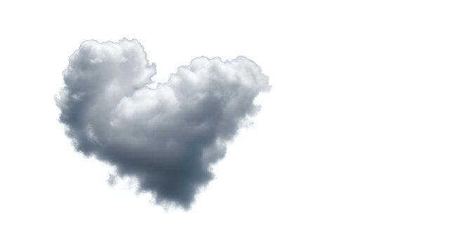 A fluffy white and gray cloud shaped like a heart floating against a clean white background with copy space