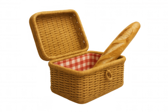 Wicker picnic basket with a red and white gingham lining and a delicious baguette, presented against a clear background
