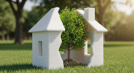 Green Tree Growing in the Center of a Broken White House Model on Grass