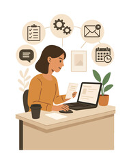 Female Office Worker Using Laptop Illustration