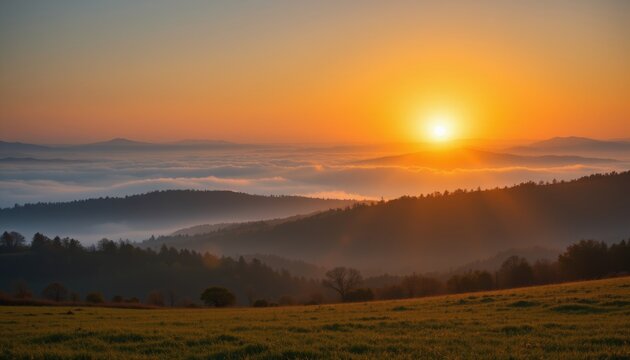cinematic sunrise behind rolling fog covered hills, long shadows stretching across meadows, tranquil tone.