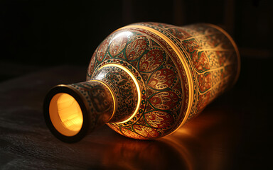 Illuminated decorative vase lying on its side showcasing intricate patterns and warm light