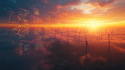 aerial wind farm with futuristic stock market financial data visualization overlay at sunset, ultra-realistic wide shot