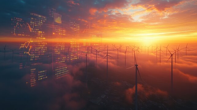 aerial wind farm with futuristic stock market financial data visualization overlay at sunset, ultra-realistic wide shot - Powered by Adobe