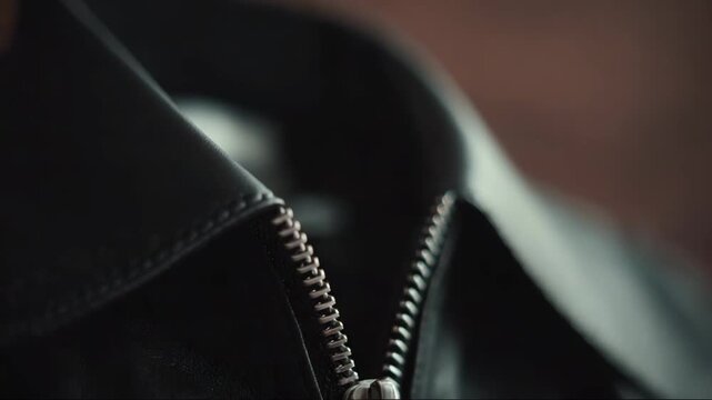 Close-up of a leather jacket zipper on a blurred background  