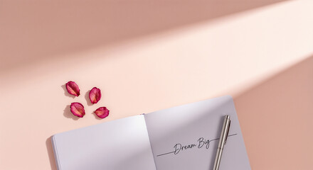 Flat Lay of Open Notebook with "Dream Big" Script on Pink Background with Rose Petals
