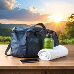 Gym bag, water bottle, towel, and phone on a wooden table outdoors at sunrise