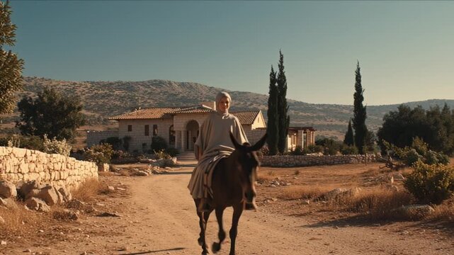 Wide cinematic shot of Mary arriving on a donkey at the simple, beautiful home of Elizabeth and Zechariah in the hill country of Judea, bathed in warm light and quiet reverence.
