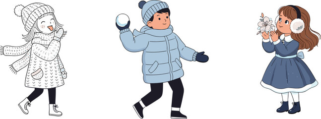 Cute kids playing in winter clothes, snowball fight, winter fun, cozy scarves, hats, mittens, joyful children, holiday season illustration.