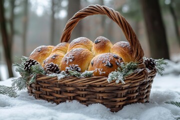 Basket filled with bread and pine cones.