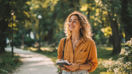 Smiling woman with blonde curly hair taking notes in a park on a sunny day. Casual, happy moment of inspiration, studying, or leisure outdoors. Golden light