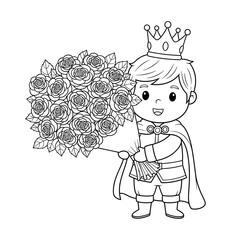 Cute Child Prince with Roses – Black and White Coloring Page