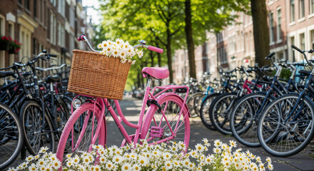 Pink Bicycle with Wicker Basket and Daisies Parked Among Rows of Dark Bikes on a Charming European Street on a Sunny Day
