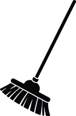Simple black broom illustration with a long handle on transparent background silhouette