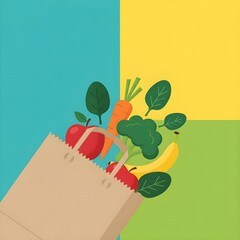 Healthy Grocery Bag with Fresh Fruits and Vegetables – Flat Colorful Illustration