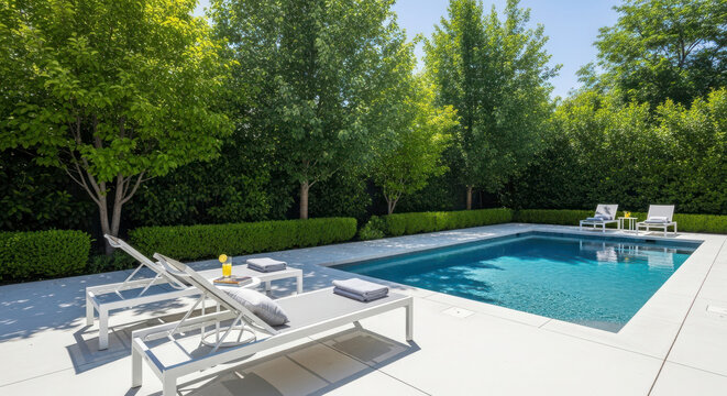 Luxury Backyard Oasis with Sparkling Swimming Pool and Lounge Chairs