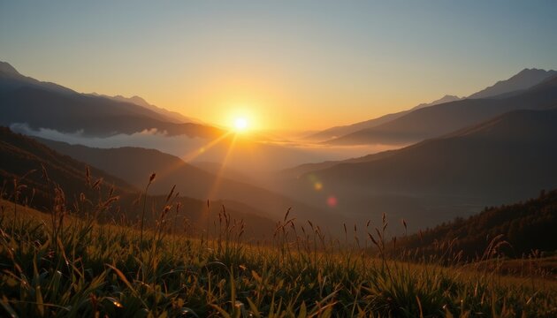 ultra realistic sunrise over a misty mountain valley, golden light shining through soft fog, dewdrops on wild grass, cinematic composition, leica lens, 8k detail