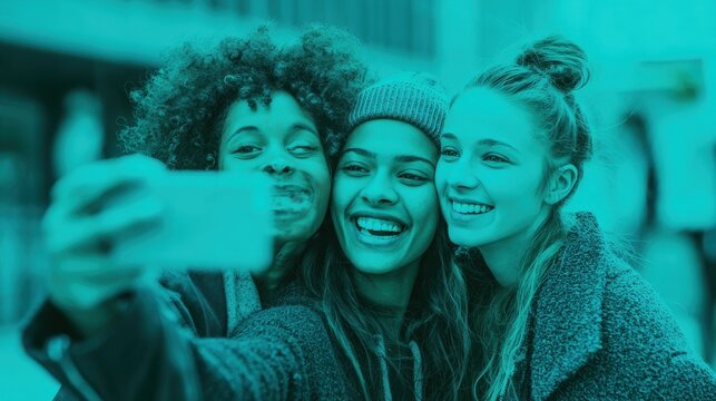 happy friends taking selfie with turquoise background  students having fun with technology trends at erasmus university  youth tech and friendship concept  main focus on faces no logos no brands ar 1