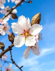 Close-up of delicate white almond blossoms, light pink accents, with a ripe almond in shell