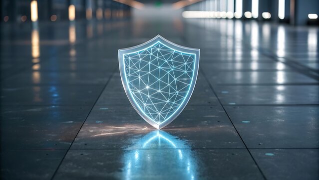 Futuristic glowing digital shield emblem symbolizing cybersecurity data protection and network security